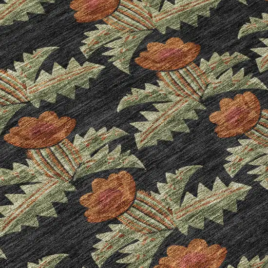 Black And Green Floral Washable Indoor Outdoor Area Rug Photo 8