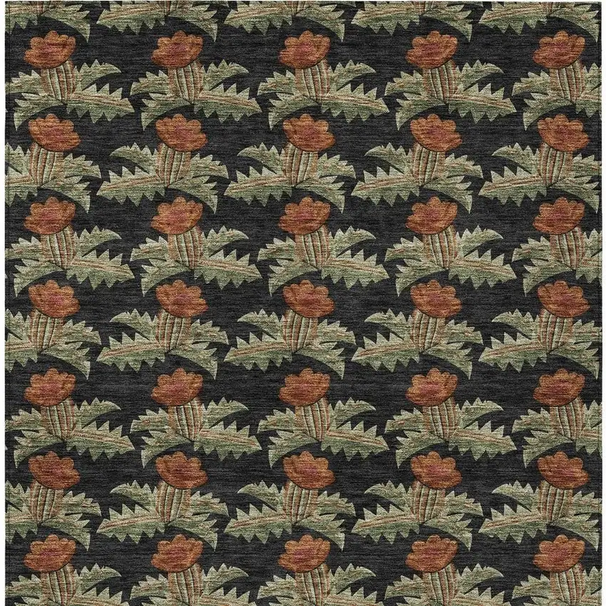 Black And Green Floral Washable Indoor Outdoor Area Rug Photo 6