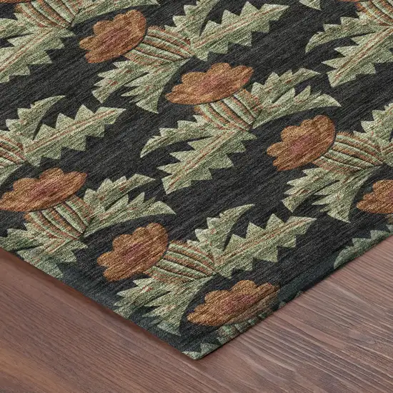 Black And Green Floral Washable Indoor Outdoor Area Rug Photo 7