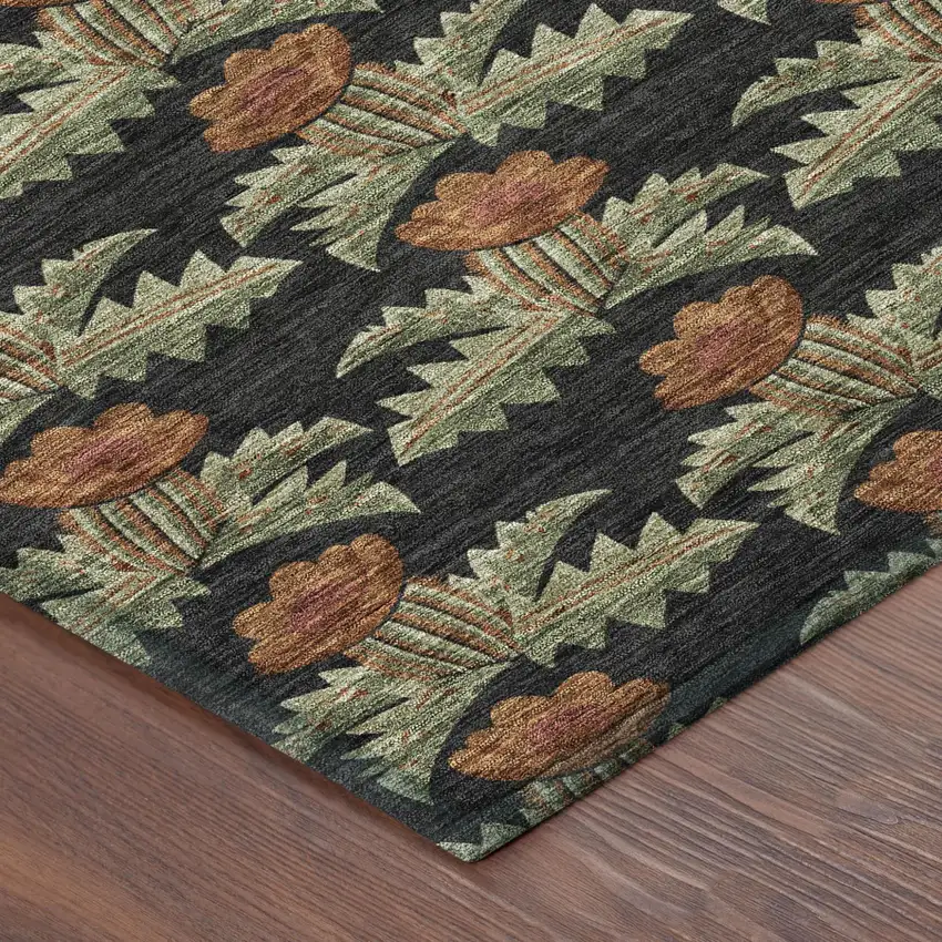 Black And Green Floral Washable Indoor Outdoor Area Rug Photo 7
