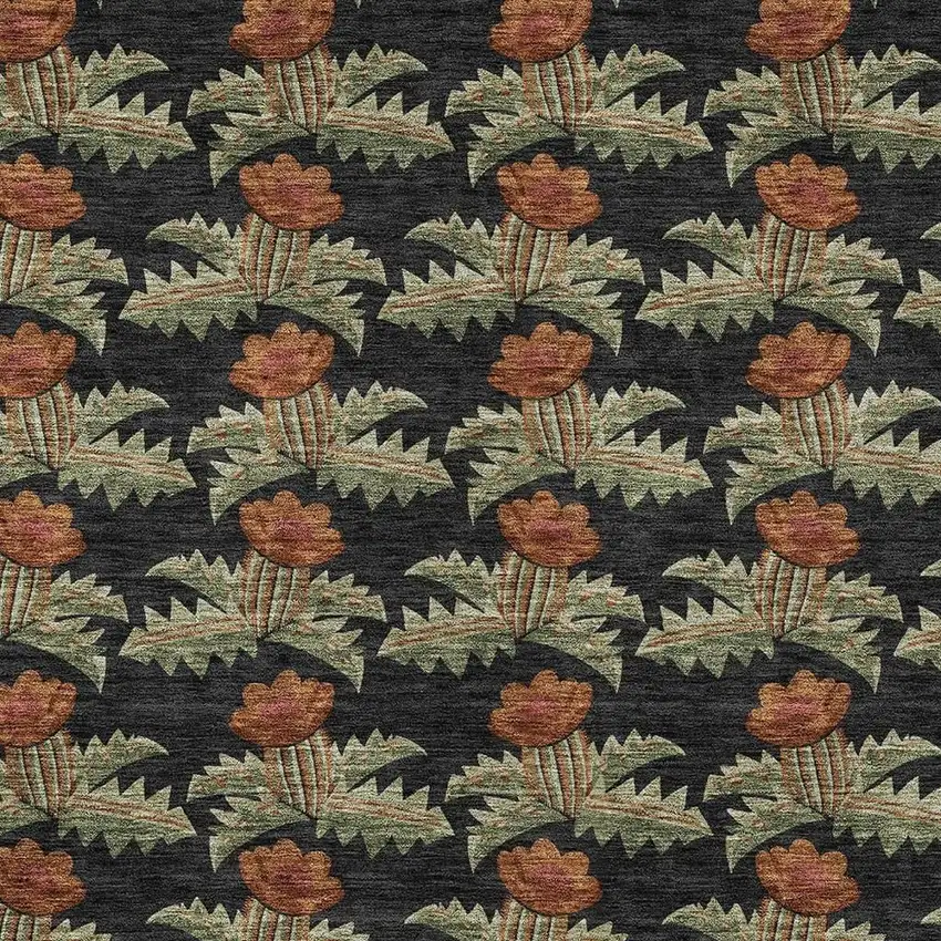 Black And Green Floral Washable Indoor Outdoor Area Rug Photo 5