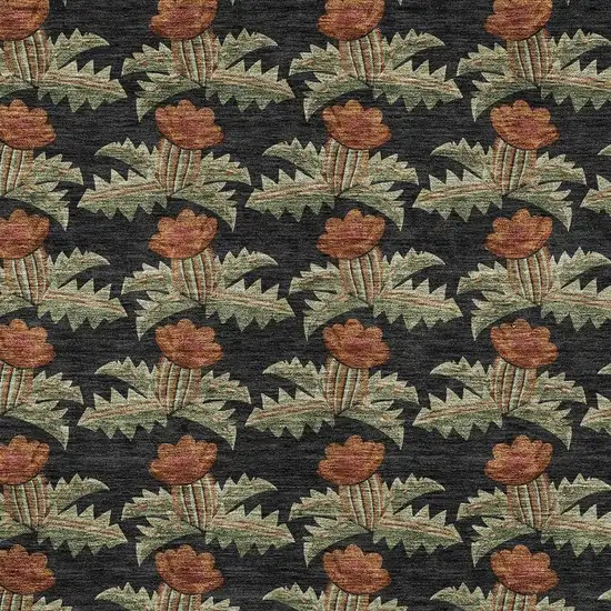 Black And Green Floral Washable Indoor Outdoor Area Rug Photo 5