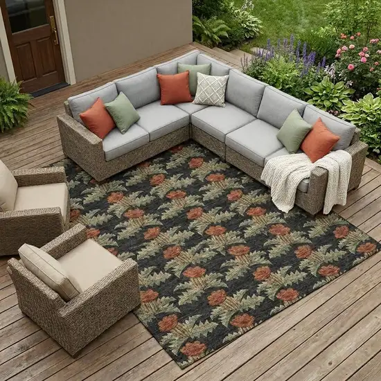 Black And Green Floral Washable Indoor Outdoor Area Rug Photo 1