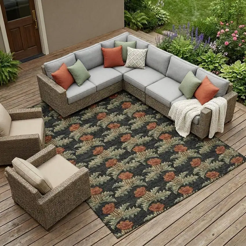 Black And Green Floral Washable Indoor Outdoor Area Rug Photo 1