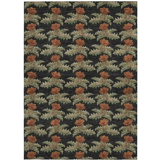 Black And Green Floral Washable Indoor Outdoor Area Rug Photo 4