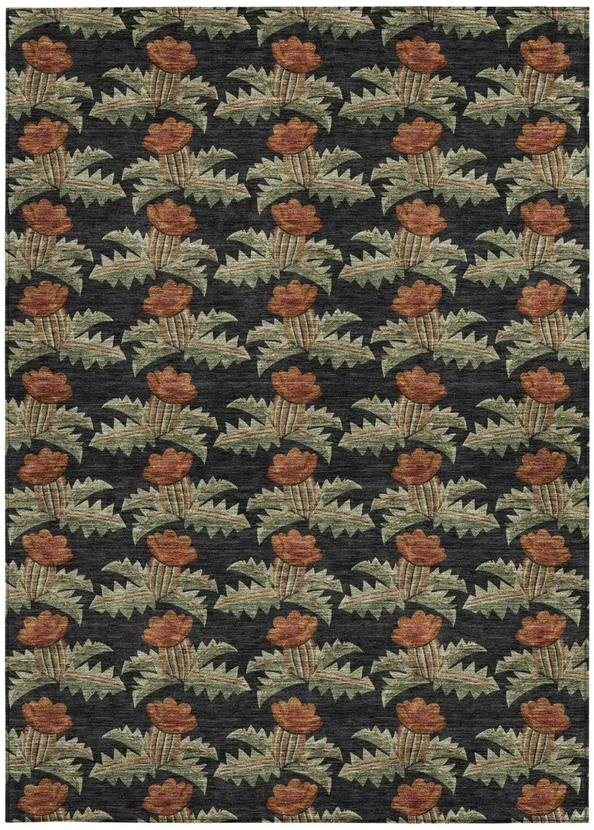 Black And Green Floral Washable Indoor Outdoor Area Rug Photo 4