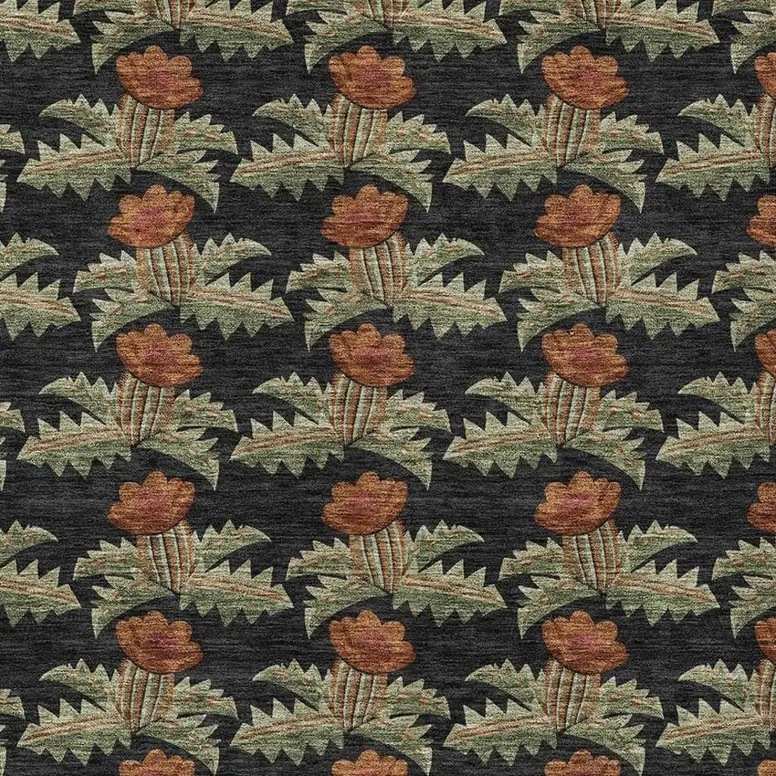 Black And Green Floral Washable Indoor Outdoor Area Rug Photo 5