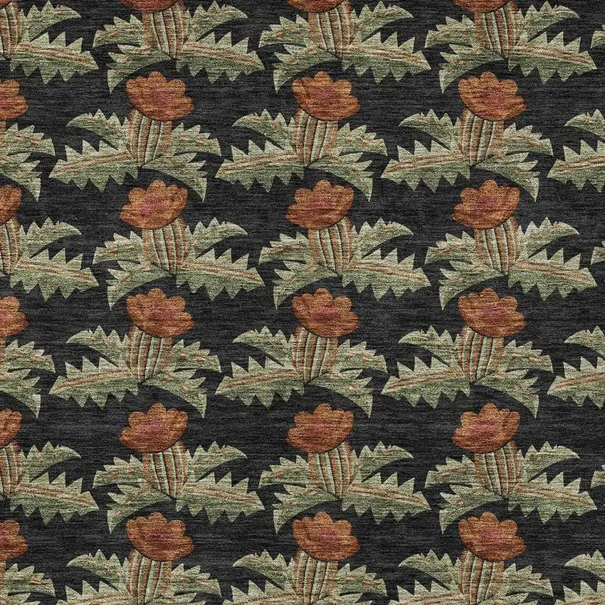 Black And Green Floral Washable Indoor Outdoor Area Rug Photo 3