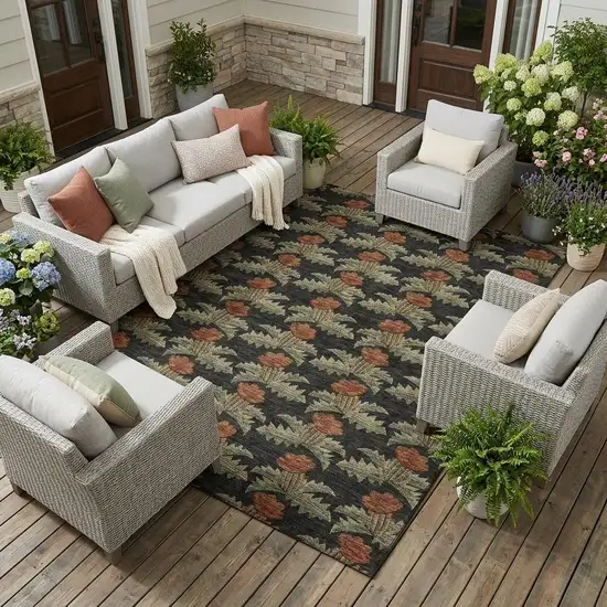 Black And Green Floral Washable Indoor Outdoor Area Rug Photo 1