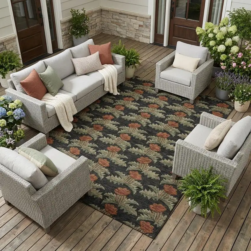Black And Green Floral Washable Indoor Outdoor Area Rug Photo 1