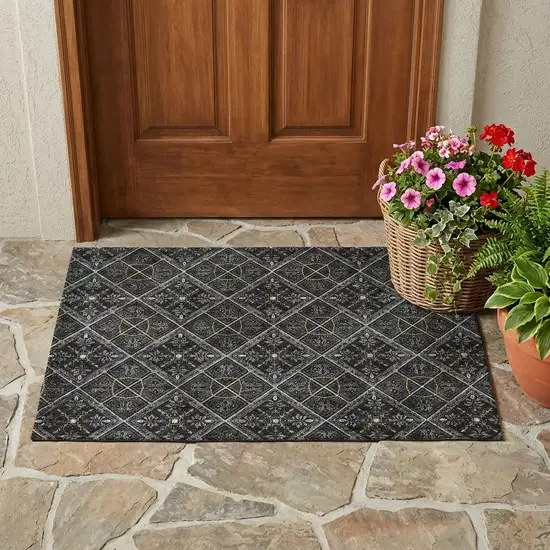 Black And Green Geometric Washable Indoor Outdoor Area Rug Photo 1