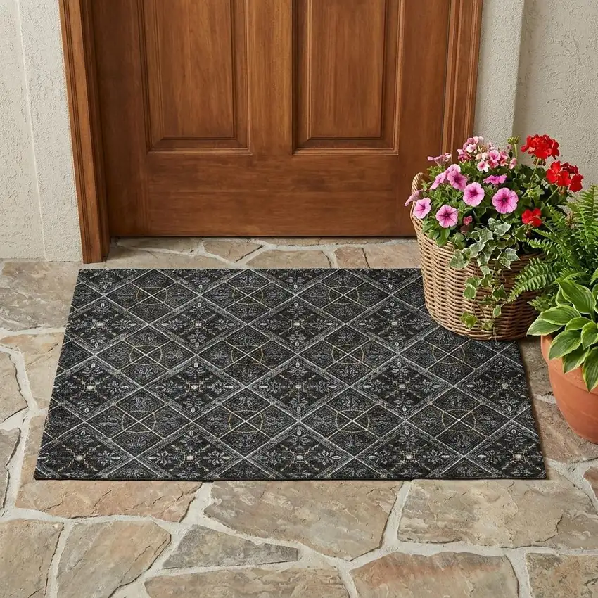 Black And Green Geometric Washable Indoor Outdoor Area Rug Photo 1