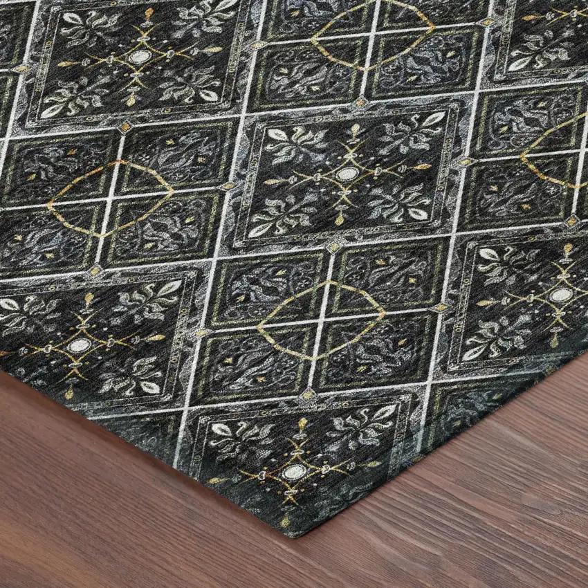 Black And Green Geometric Washable Indoor Outdoor Area Rug Photo 7