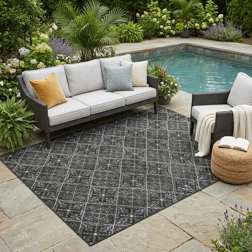 Black And Green Geometric Washable Indoor Outdoor Area Rug Photo 1