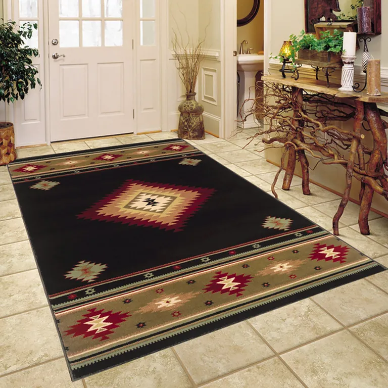 Black And Green Southwestern Power Loom Stain Resistant Area Rug Photo 4