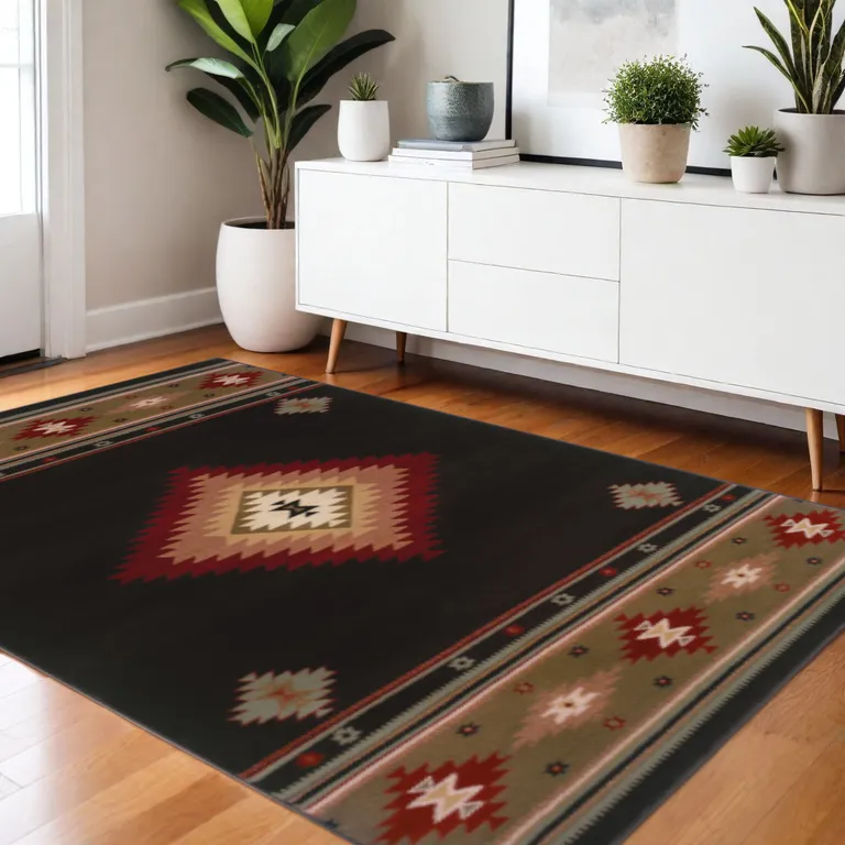 Black And Green Southwestern Power Loom Stain Resistant Area Rug Photo 5