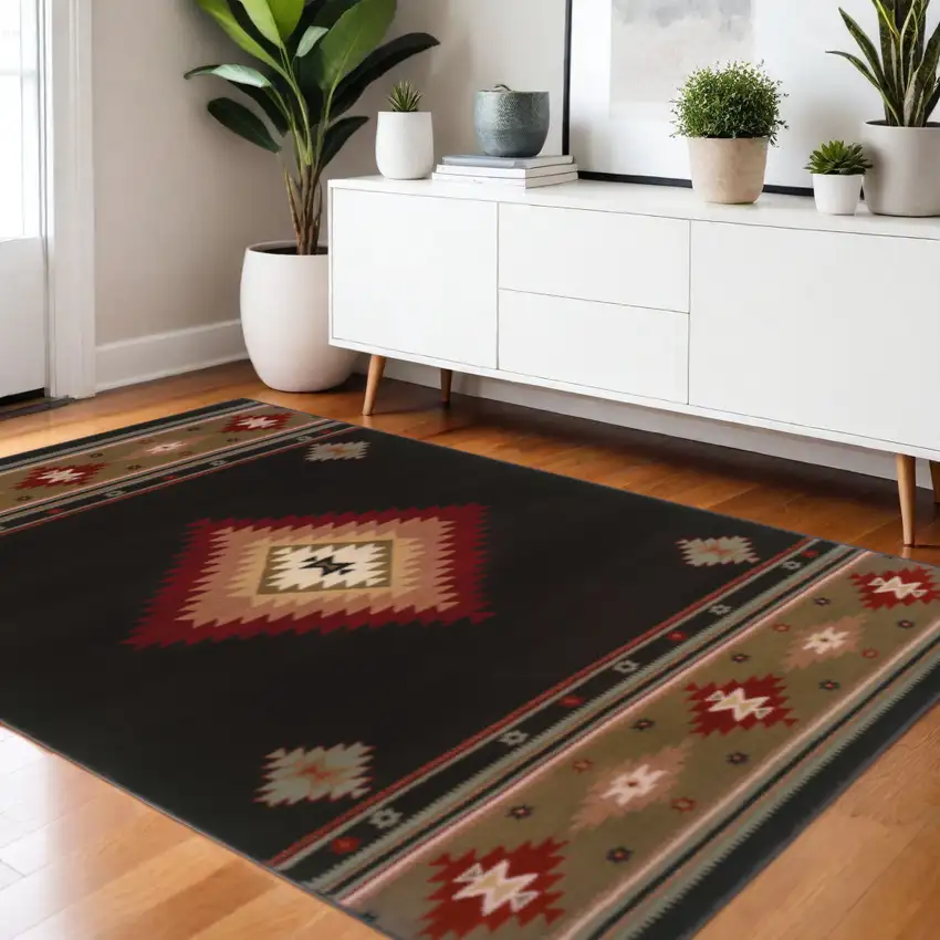 Black And Green Southwestern Power Loom Stain Resistant Area Rug Photo 1