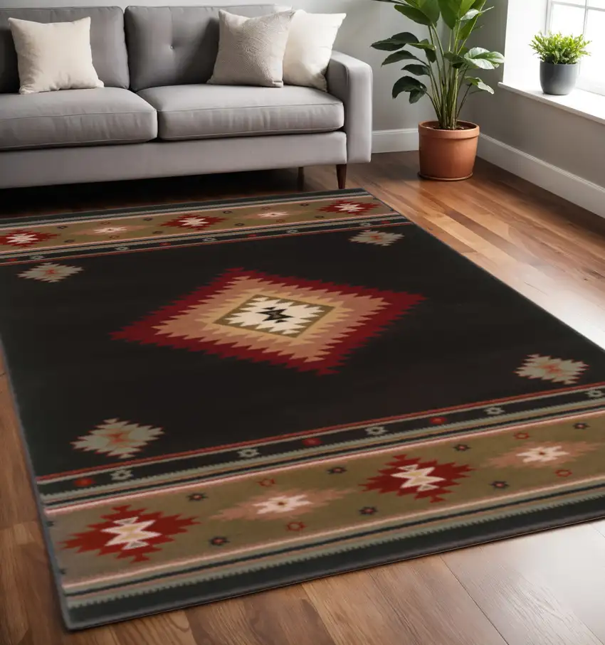 Black And Green Southwestern Power Loom Stain Resistant Area Rug Photo 1