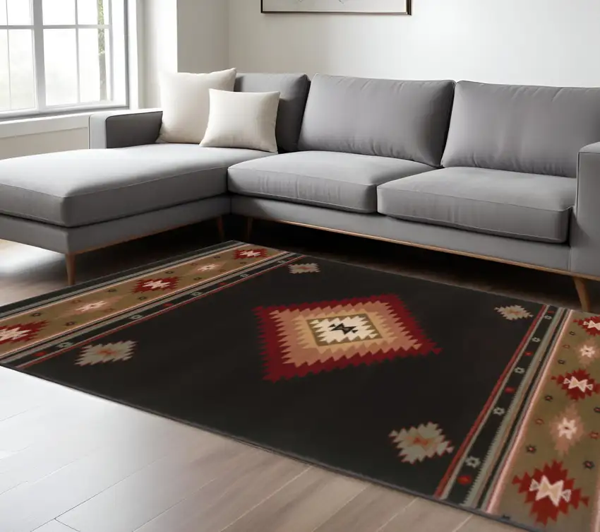 6' X 9' Black And Green Southwestern Power Loom Stain Resistant Area Rug Photo 1