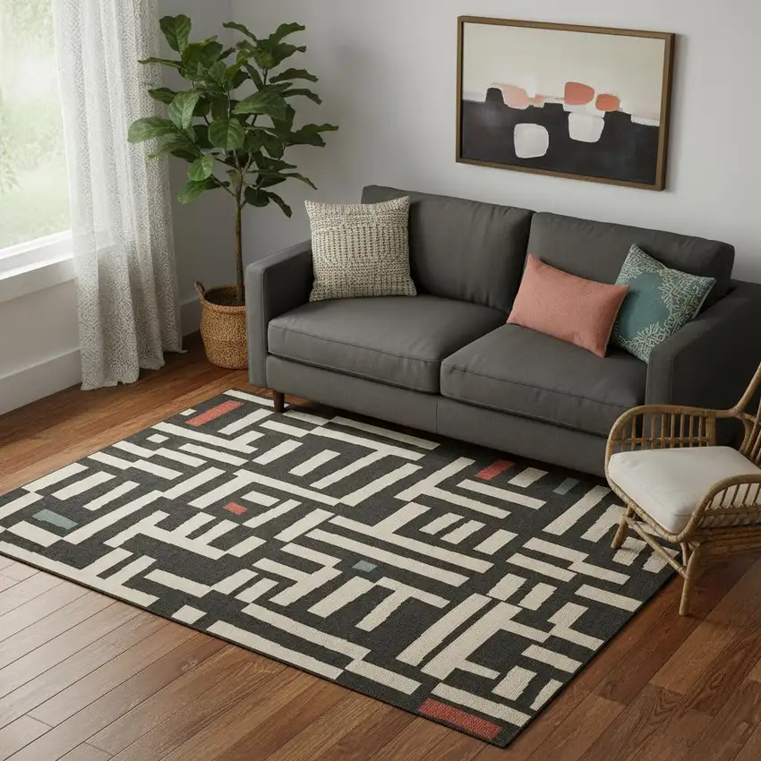 Black And Ivory Abstract Area Rug Photo 1