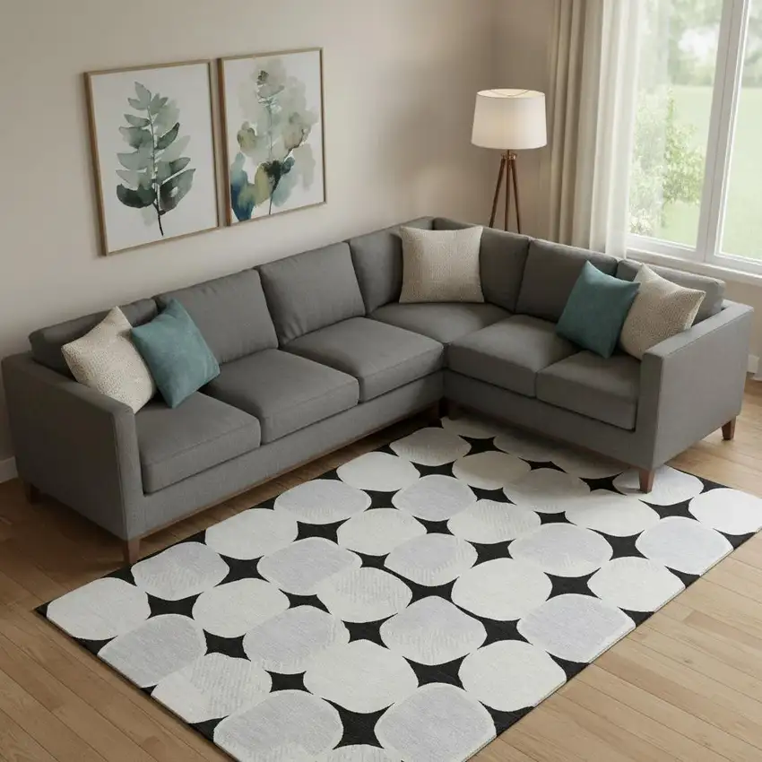 Black And Ivory Abstract Geometric Washable Area Rug With UV Protection Photo 1