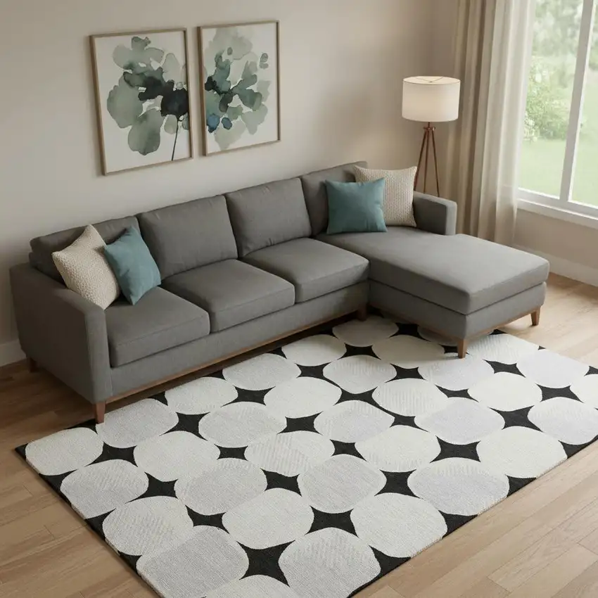 Black And Ivory Abstract Geometric Washable Area Rug With UV Protection Photo 1