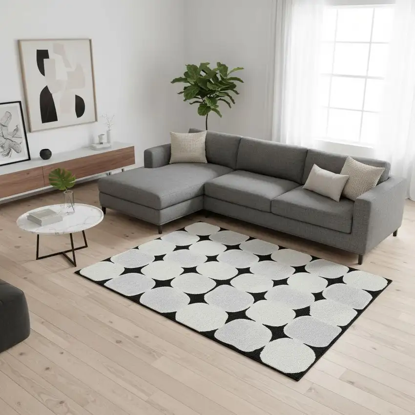 Black And Ivory Abstract Geometric Washable Area Rug With UV Protection Photo 2