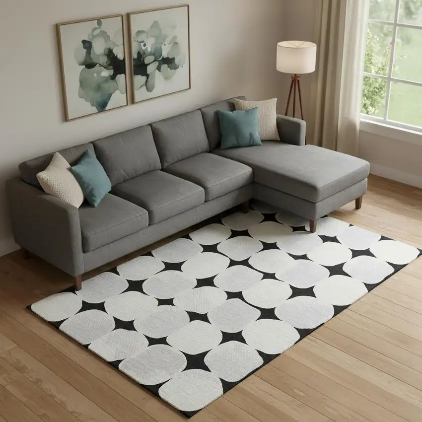 Black And Ivory Abstract Geometric Washable Area Rug With UV Protection Photo 1