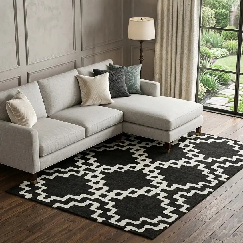 Black And Ivory Abstract Geometric Washable Area Rug With UV Protection Photo 1