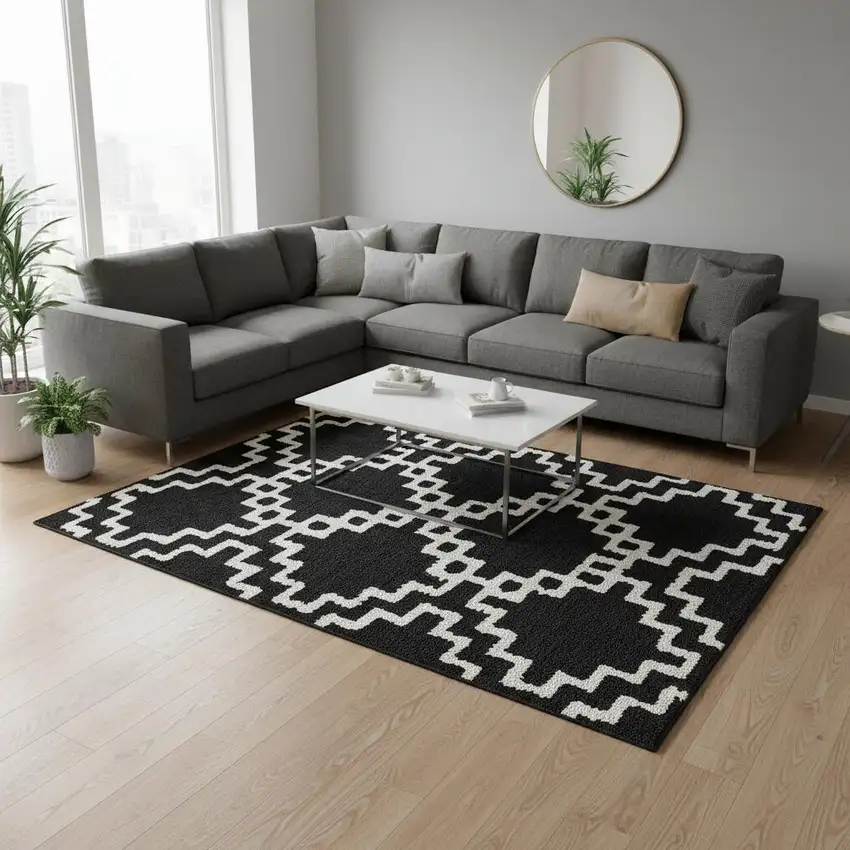 Black And Ivory Abstract Geometric Washable Area Rug With UV Protection Photo 2