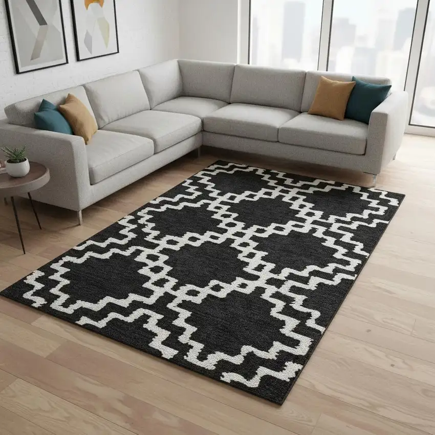 Black And Ivory Abstract Geometric Washable Area Rug With UV Protection Photo 2