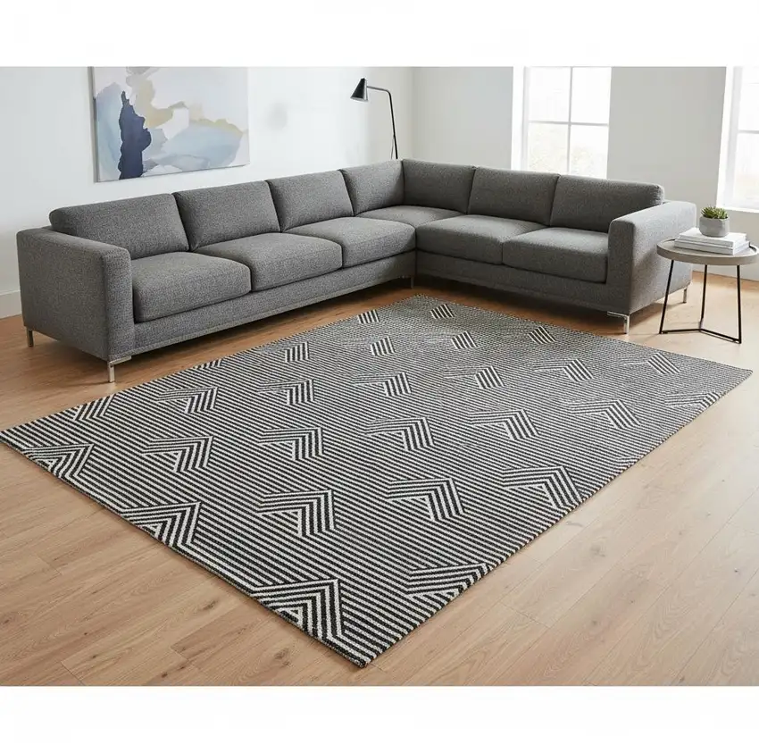 Black And Ivory Abstract Geometric Washable Area Rug With UV Protection Photo 2