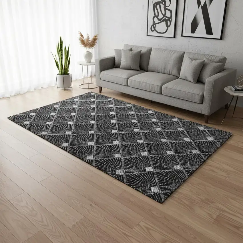 Black And Ivory Abstract Geometric Washable Area Rug With UV Protection Photo 2