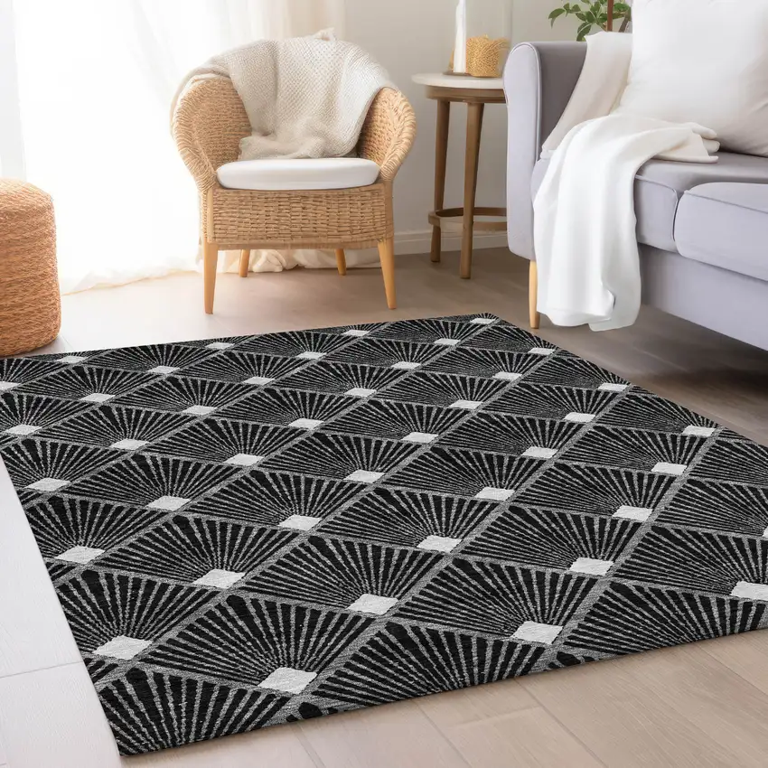 Black And Ivory Abstract Geometric Washable Area Rug With UV Protection Photo 5