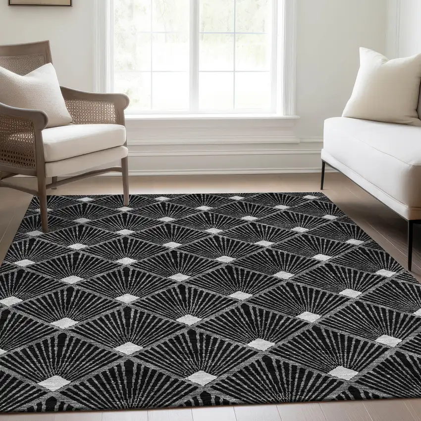 Black And Ivory Abstract Geometric Washable Area Rug With UV Protection Photo 6