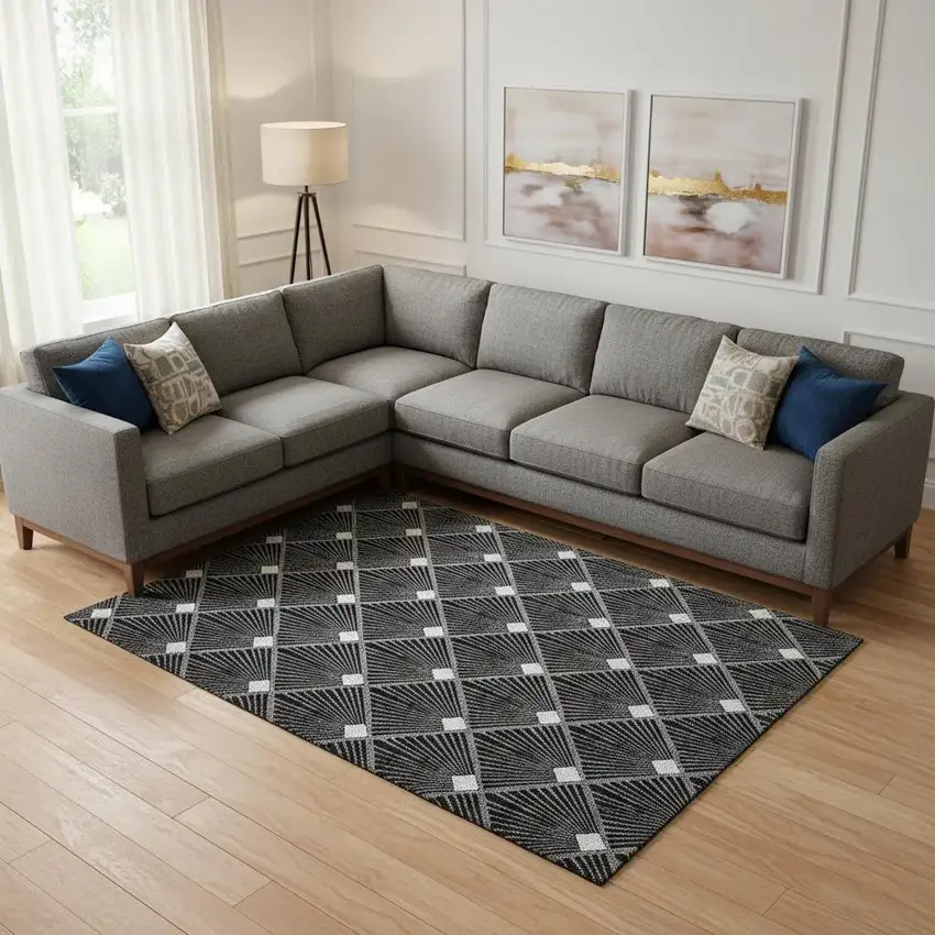 Black And Ivory Abstract Geometric Washable Area Rug With UV Protection Photo 1