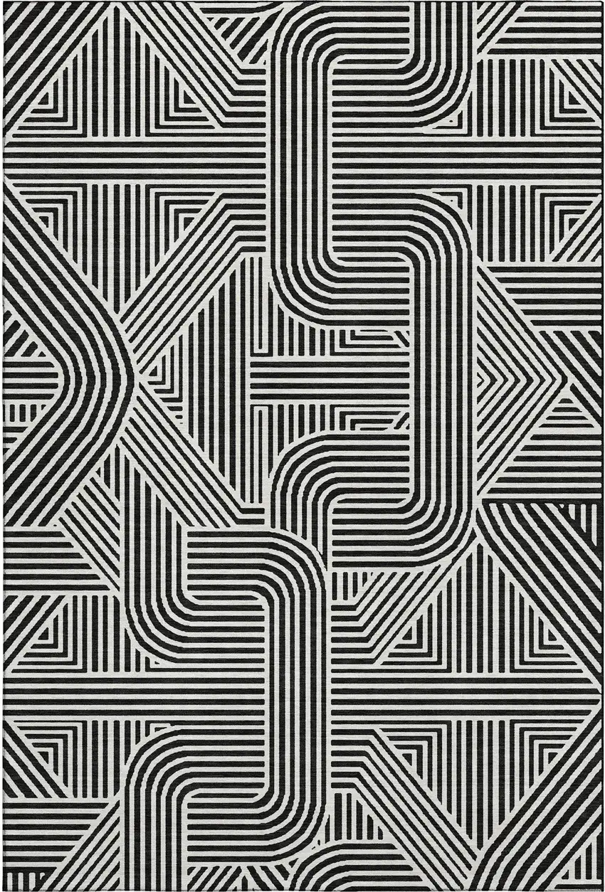 Black And Ivory Abstract Geometric Washable Area Rug With UV Protection Photo 1
