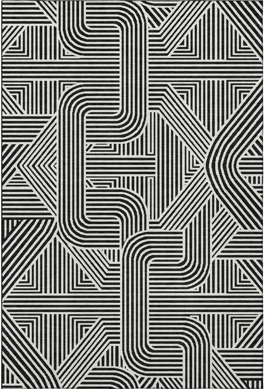 Black And Ivory Abstract Geometric Washable Area Rug With UV Protection Photo 4
