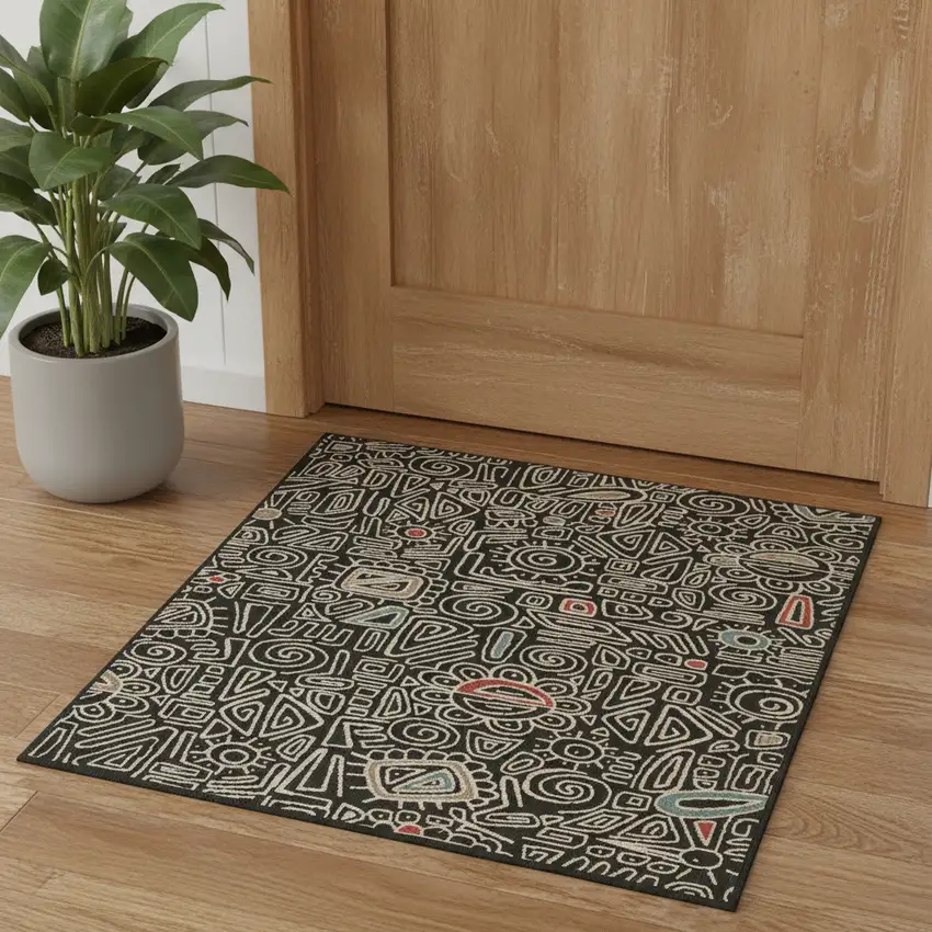 Black And Ivory Abstract Square Rug Photo 1