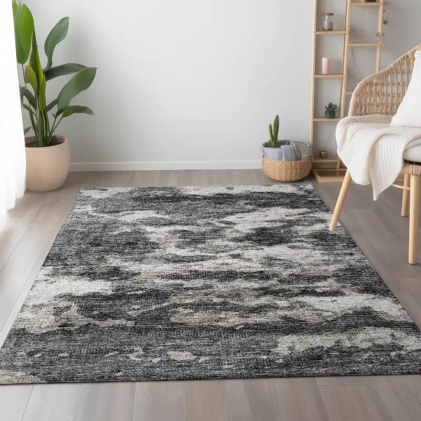 Black And Ivory Abstract Washable Area Rug With UV Protection Photo 6