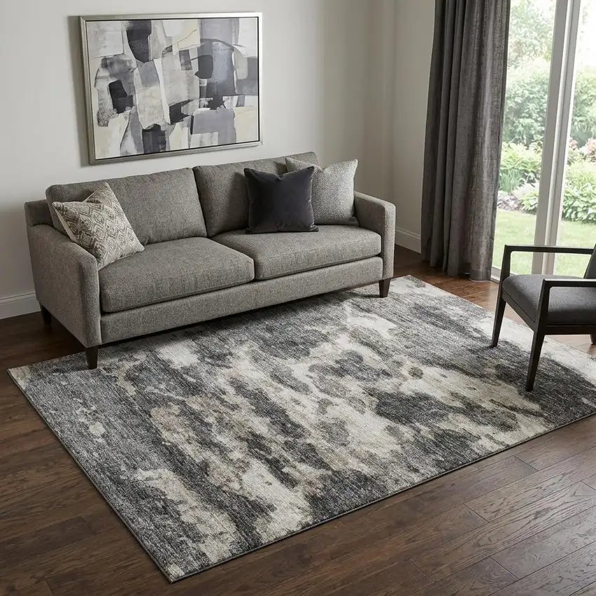 Black And Ivory Abstract Washable Area Rug With UV Protection Photo 1
