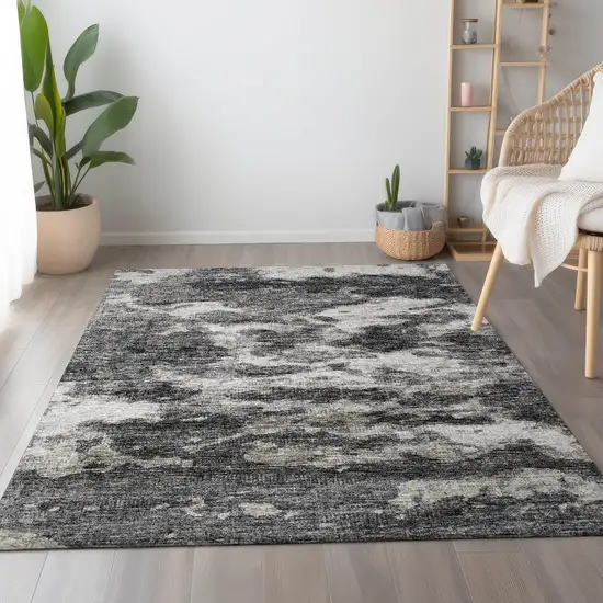 Black And Ivory Abstract Washable Area Rug With UV Protection Photo 6