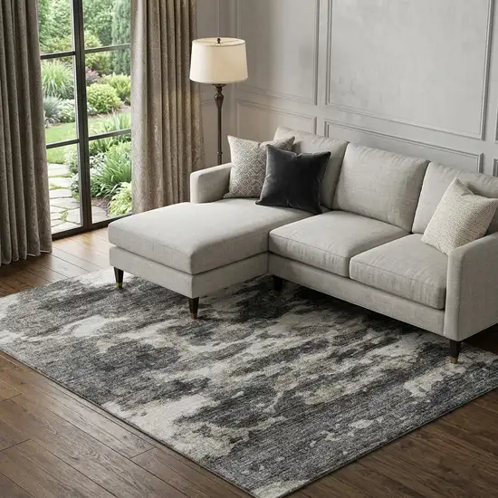 Black And Ivory Abstract Washable Area Rug With UV Protection Photo 1