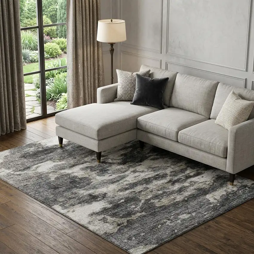 Black And Ivory Abstract Washable Area Rug With UV Protection Photo 1