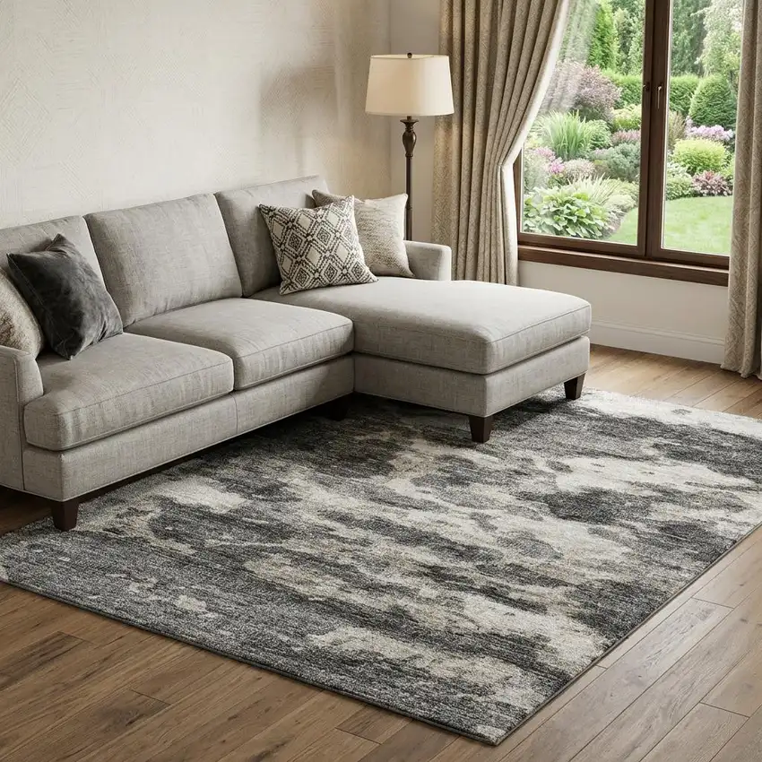 Black And Ivory Abstract Washable Area Rug With UV Protection Photo 1