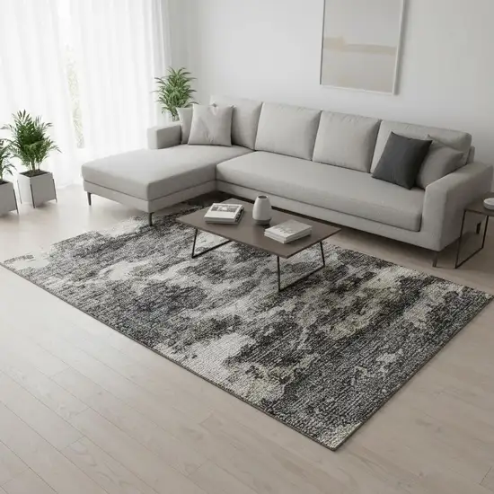 Black And Ivory Abstract Washable Area Rug With UV Protection Photo 1