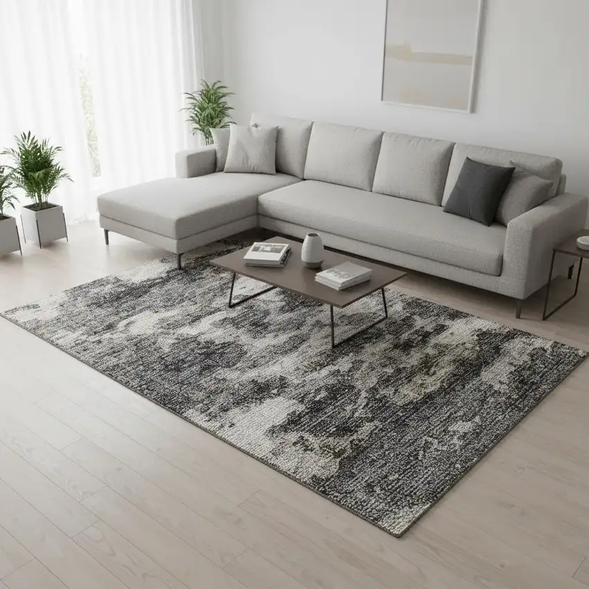 Black And Ivory Abstract Washable Area Rug With UV Protection Photo 1