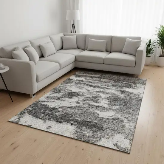 Black And Ivory Abstract Washable Area Rug With UV Protection Photo 1