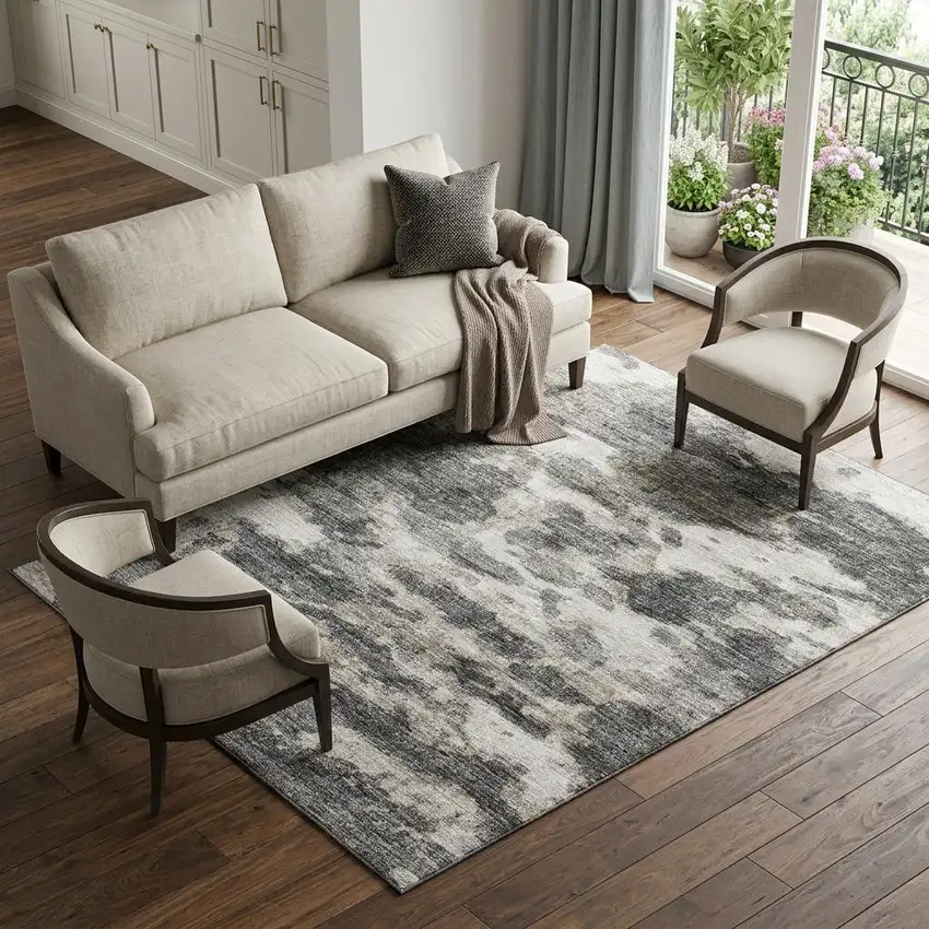 Black And Ivory Abstract Washable Area Rug With UV Protection Photo 1
