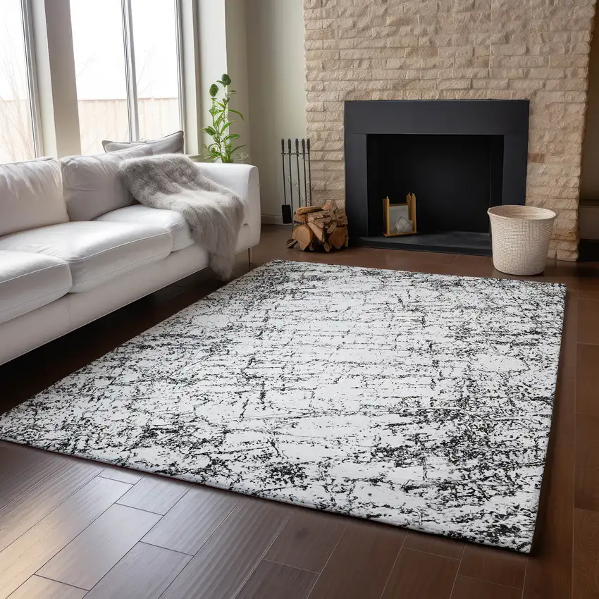 Black And Ivory Abstract Washable Area Rug With UV Protection Photo 6